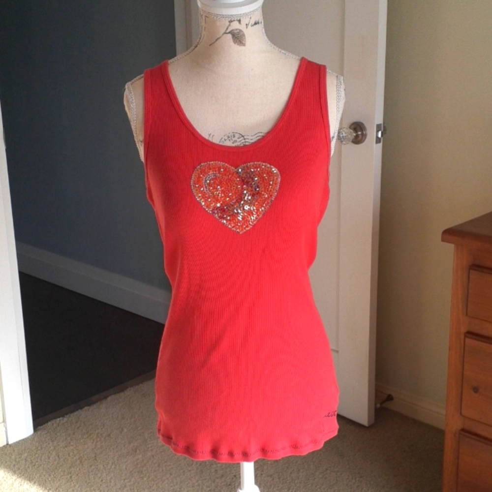 + Long orange red Guess tank top with sparkle heart